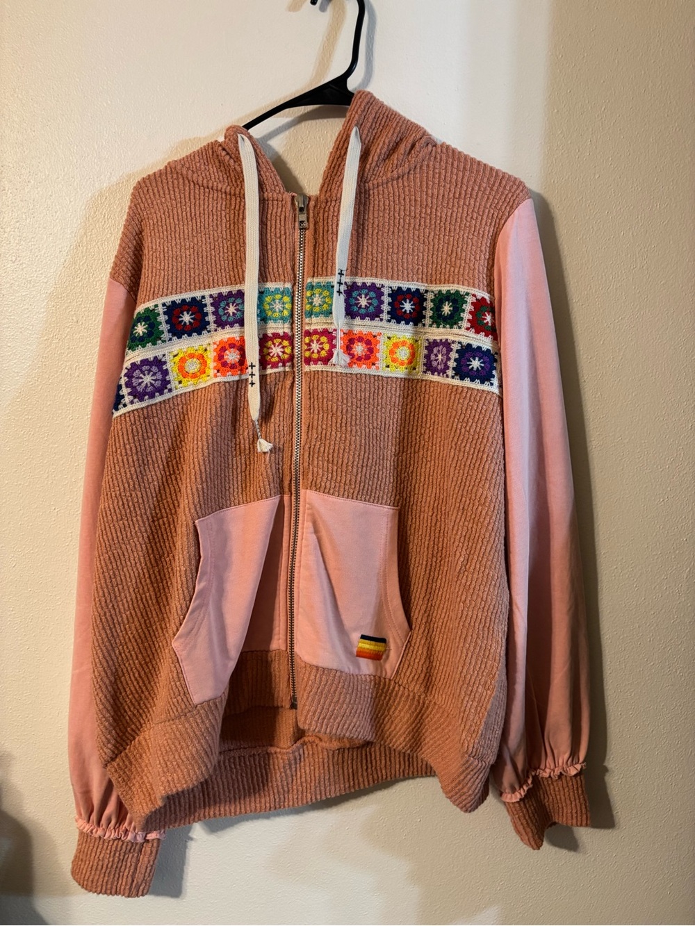 POL Pink Hooded Zip-Up Sweater with Crocheted Color-Block Accent